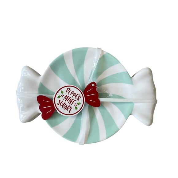 Peppermint Candy Shaped Appetizer Plate Set of 4 Holiday Mint & White Melamine - Picture 1 of 15